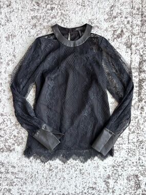 BCBGMaxAzria Venetian Lace Faux Leather Trimmed Long Sleeve Blouse